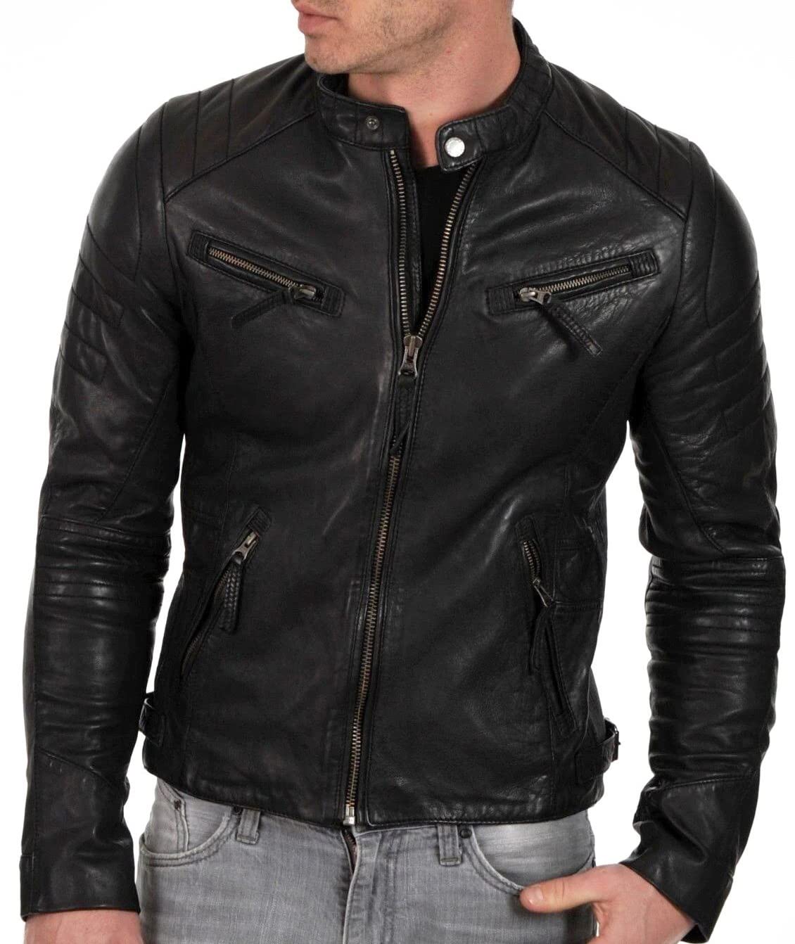 DECIMAL Men's Black & BROWN Genuine Lambskin Leather Biker Jacket VINTAGE REAL MOTORCYCLE JACKETS FOR MEN (L, BLACK)