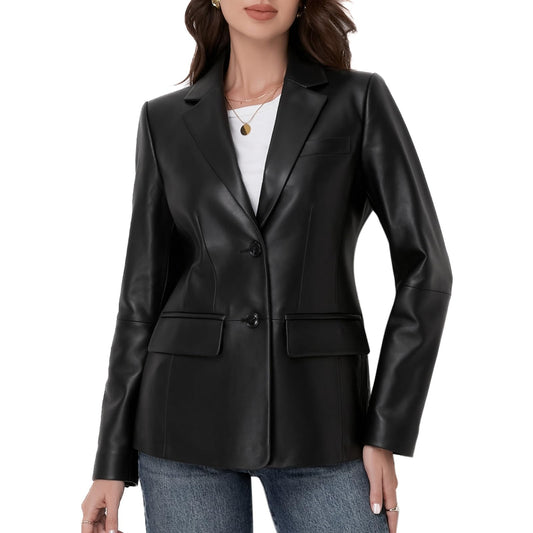 SILVER FASHIONS Lambskin Leather Jacket Women,Long Sleeve Button Front Leather Blazer,Notched Lapel Casual Style,Vent Detail (X-Large,Black)