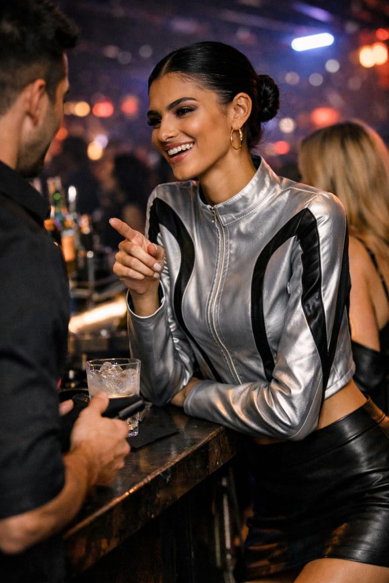 QVA Metallic Crop Jacket, Silver with Black Contrast Panels, Zip-Up Front, Cropped Fit (US, Alpha, Medium, Regular, Regular)