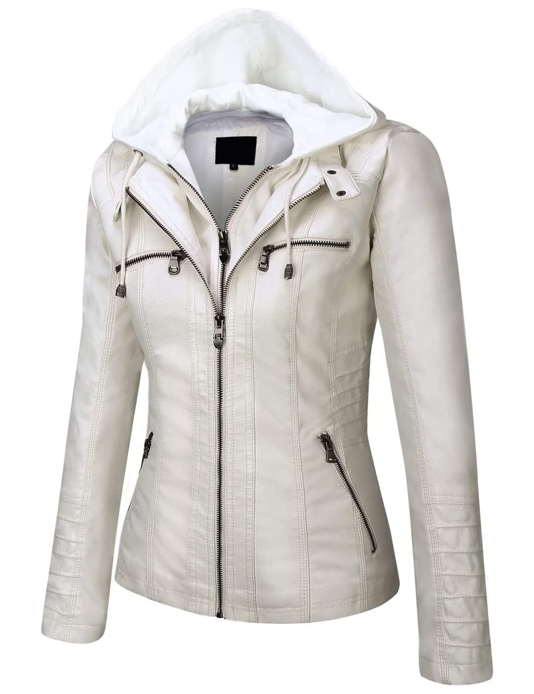 Springrain Women's Faux Leather Jacket Moto Biker Coat with Detachable Hood Motorcycle Jacket (Small, White)