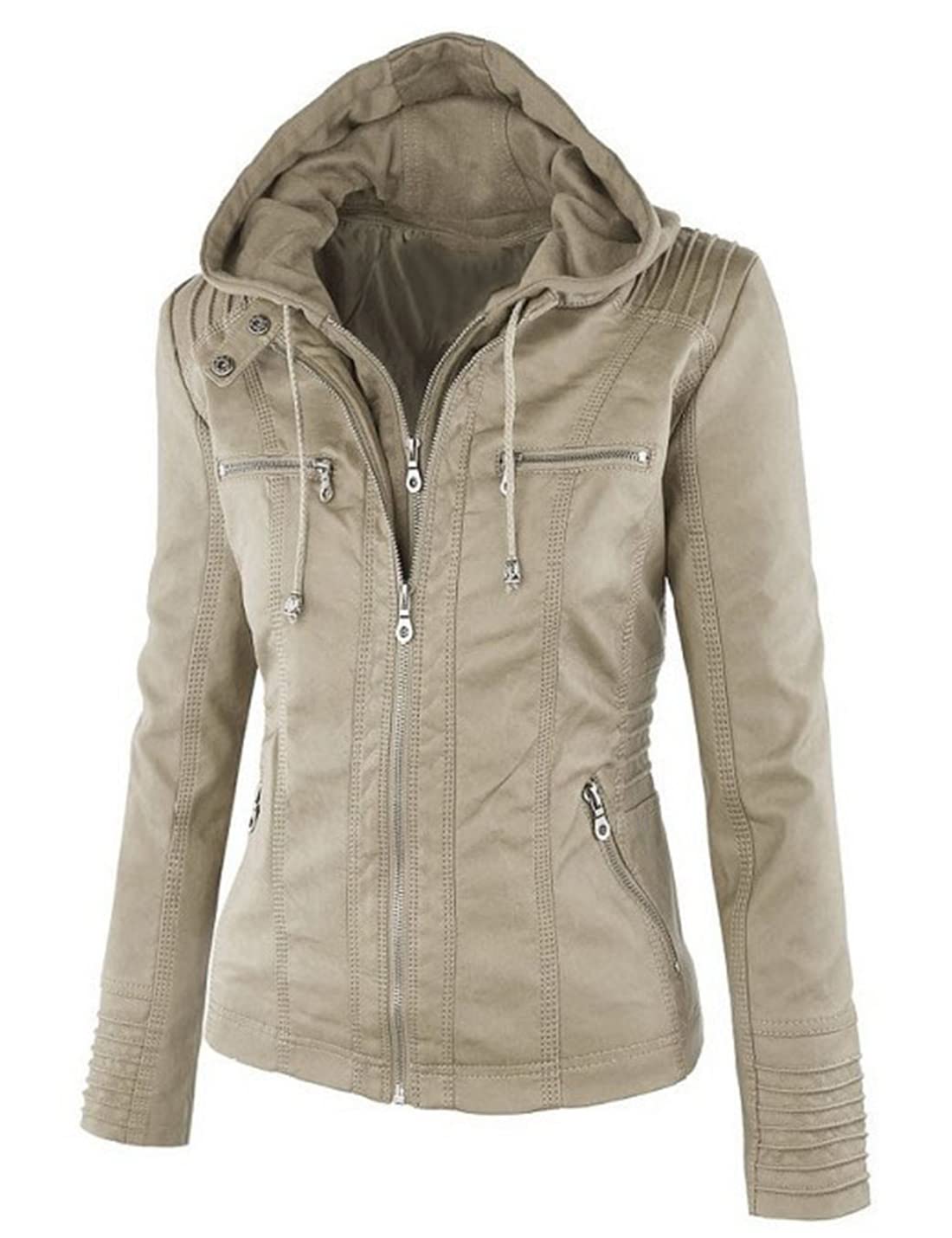 Springrain Women's Faux Leather Jacket Moto Biker Coat with Detachable Hood Motorcycle Jacket (Large, Apricot)