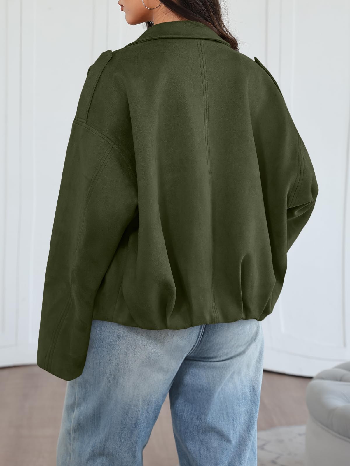 Trendy Queen Womens Faux Suede Bomber Jacket Fall Oversized Zip Up Cropped Jackets Winter Motorcycle Coat 2026 ArmyGreen XS