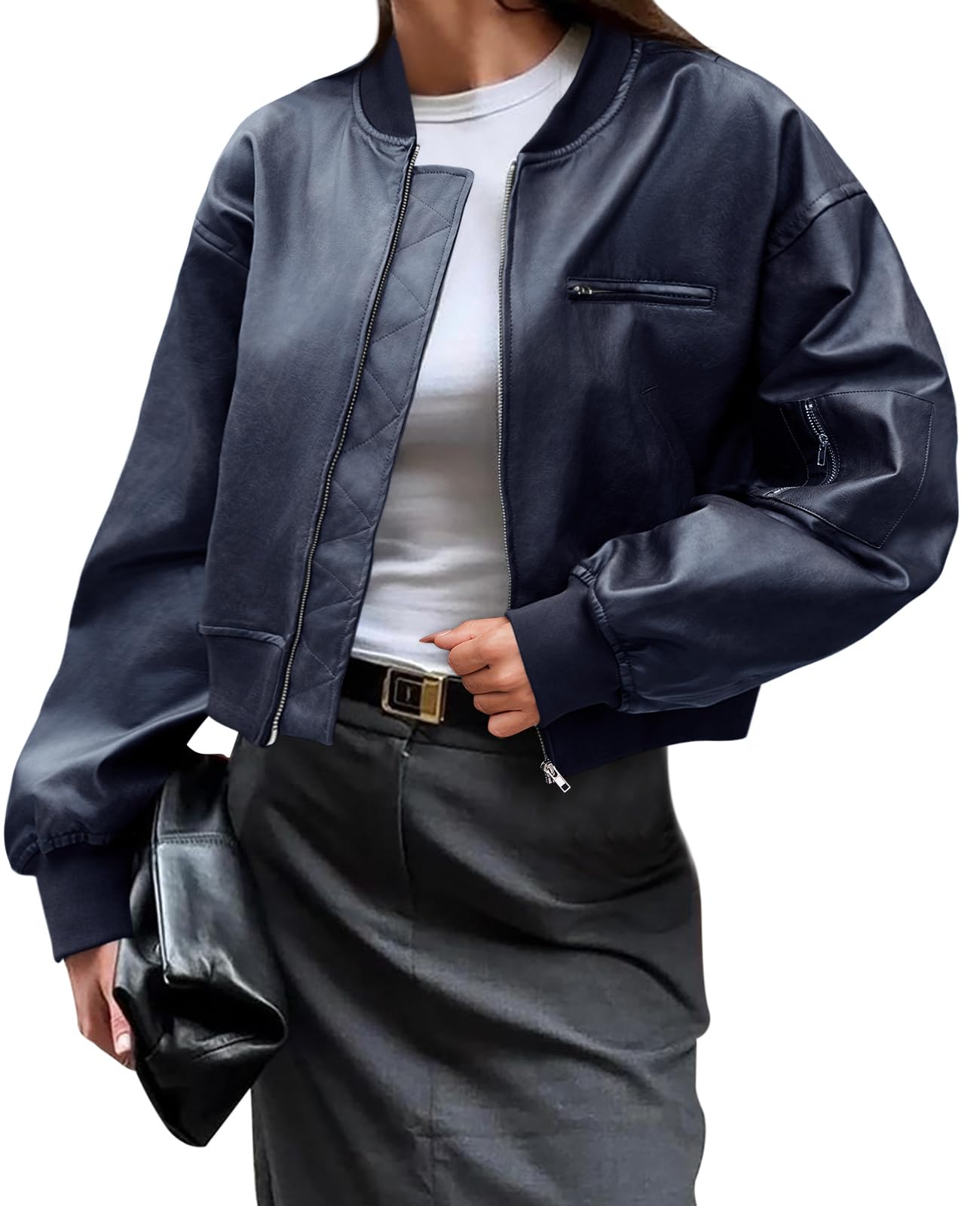Cicy Bell Womens Faux Leather Bomber Jacket Cropped Biker Coat with Pockets