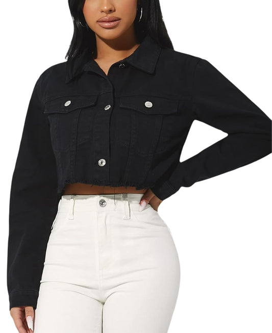 RomMoon Women's Denim Jackets Cropped Jean Jacket Long Sleeve Casual Button Down Crop Jean Jacket