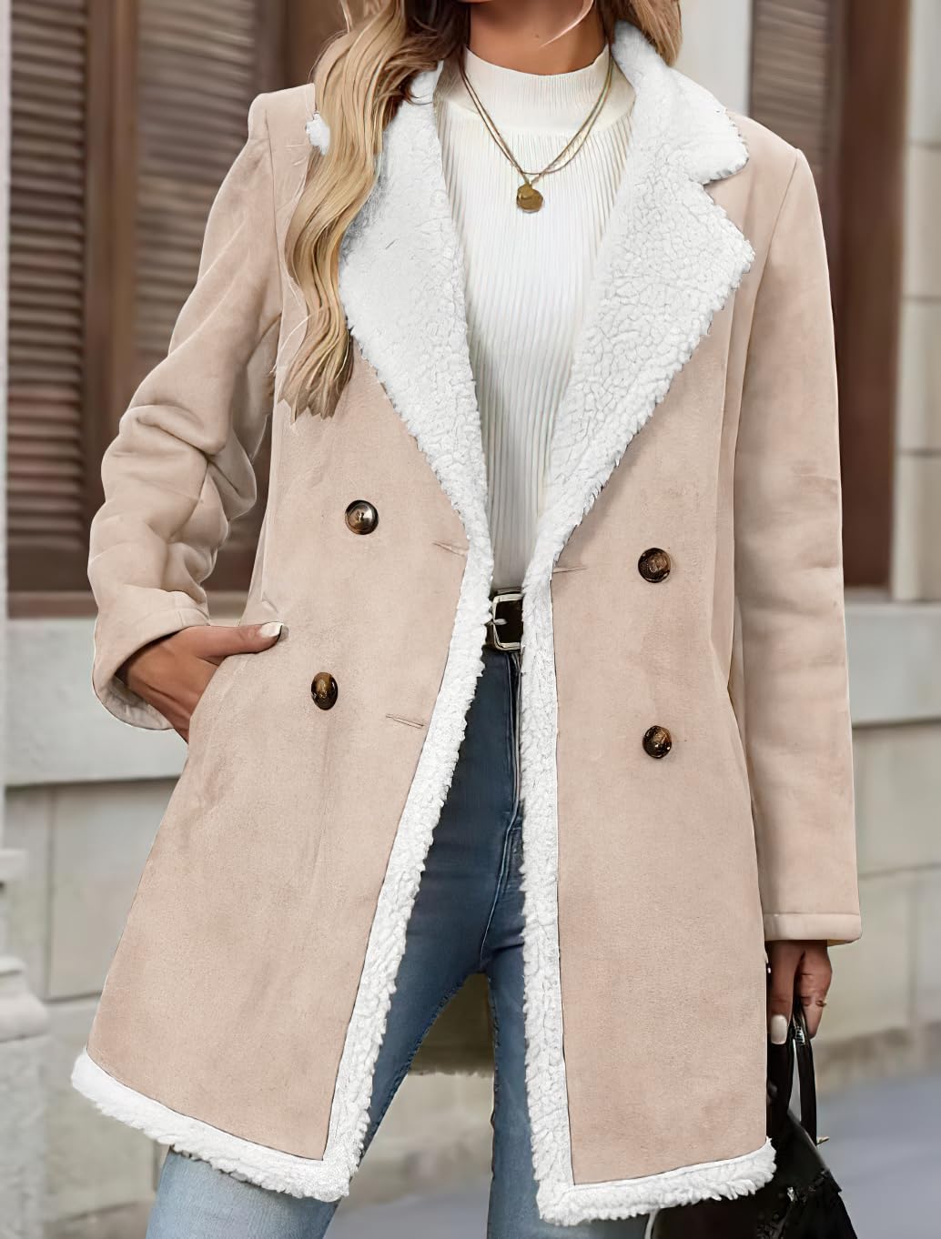 chouyatou Women's Winter Notch Lapel Double Breasted Peacoat Sherpa Fleece Lined Faux Suede Jacket Coat (X-Large,Coffee)
