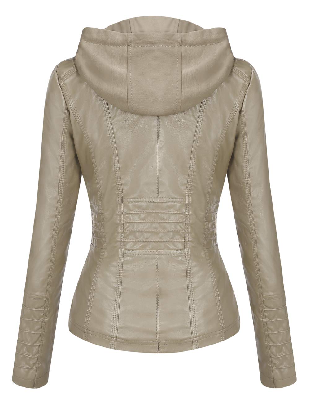 Springrain Women's Faux Leather Jacket Moto Biker Coat with Detachable Hood Motorcycle Jacket (Large, Apricot)