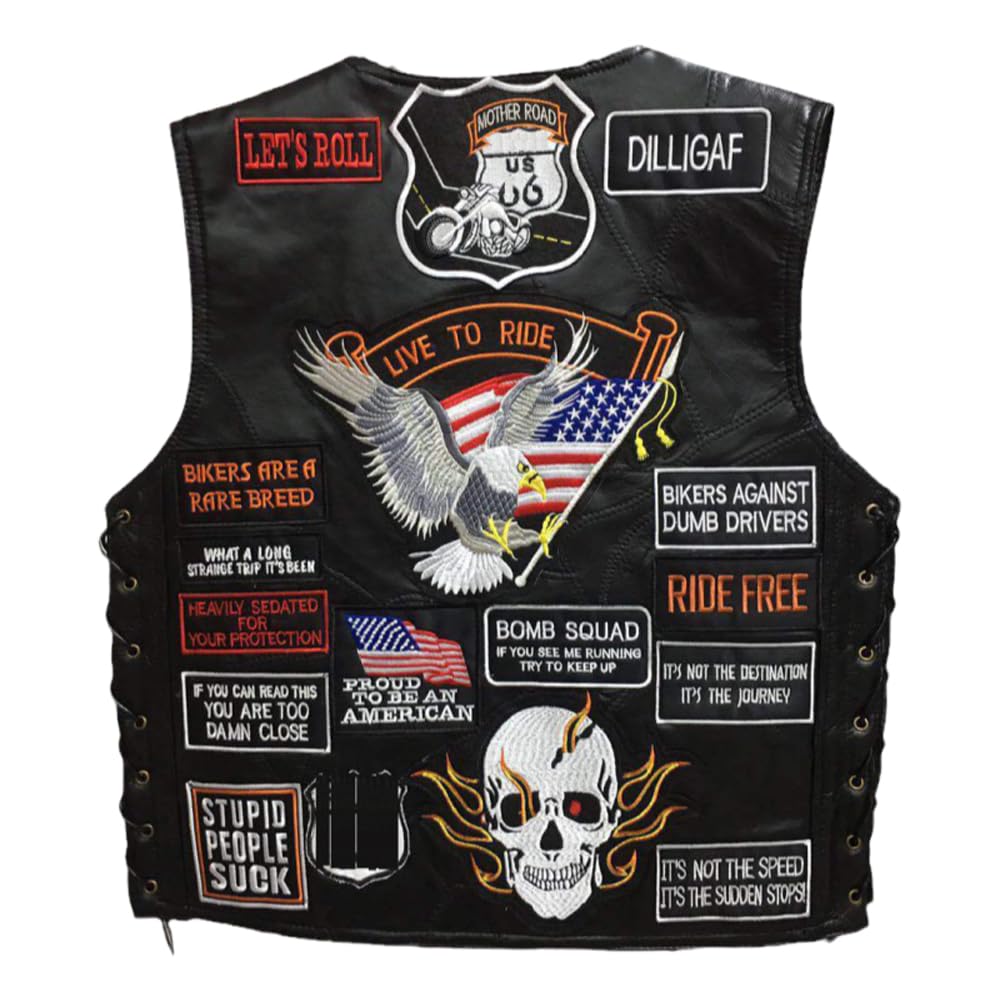 WalnutKing Men Leather Motorcycle Jacket Vest Plastered Embroidery Cool Patches Biker Vest (US, Alpha, XX-Large, Regular, Regular, Man00)