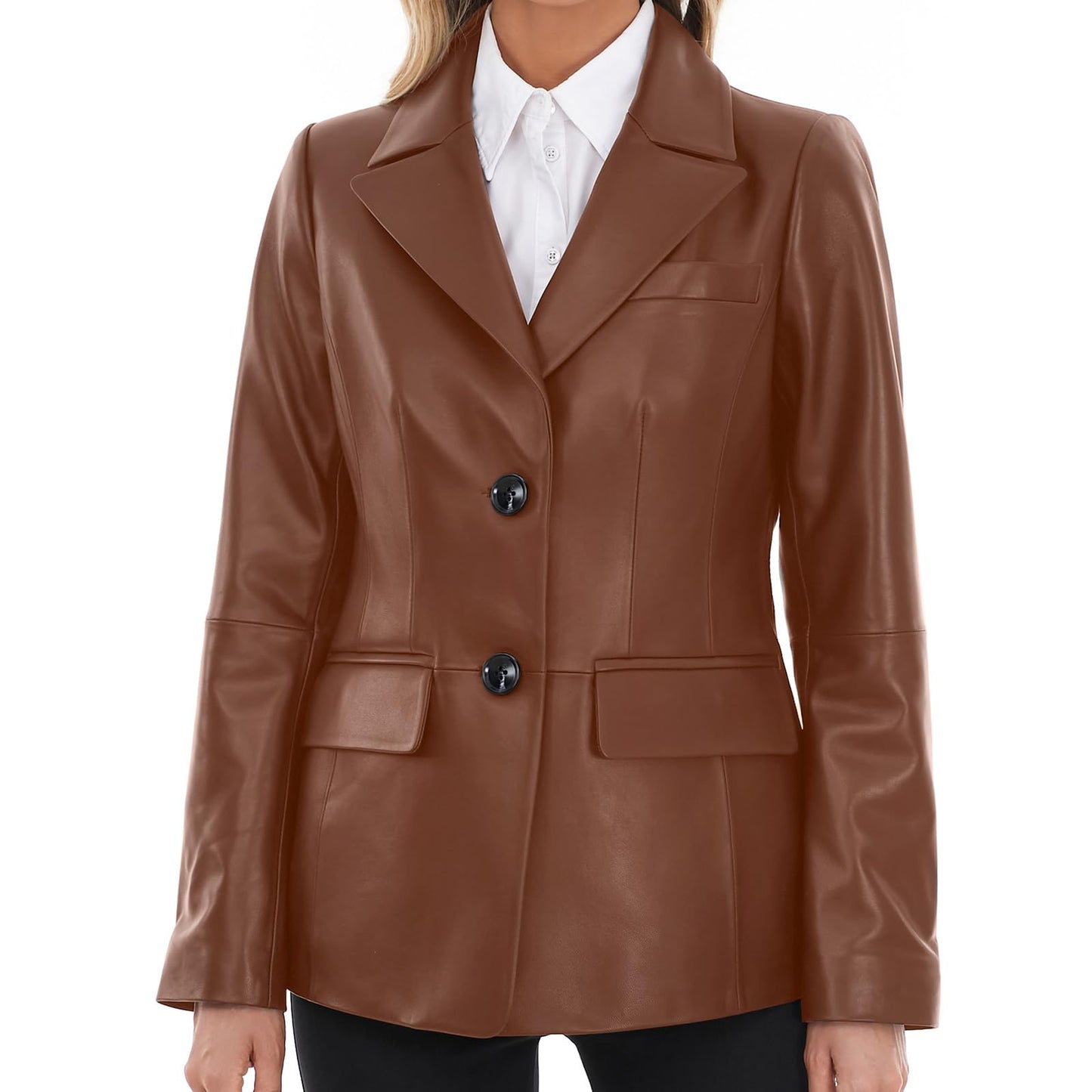 SILVER FASHIONS Lambskin Leather Jacket Women,Long Sleeve Button Front Leather Blazer,Notched Lapel Casual Style,Vent Detail (Small,Brown)