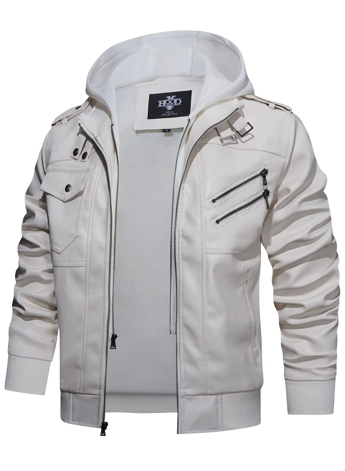 HOOD CREW Men’s Casual Stand Collar PU Faux Leather Zip-Up Motorcycle Bomber Jacket With a Removable Hood White L