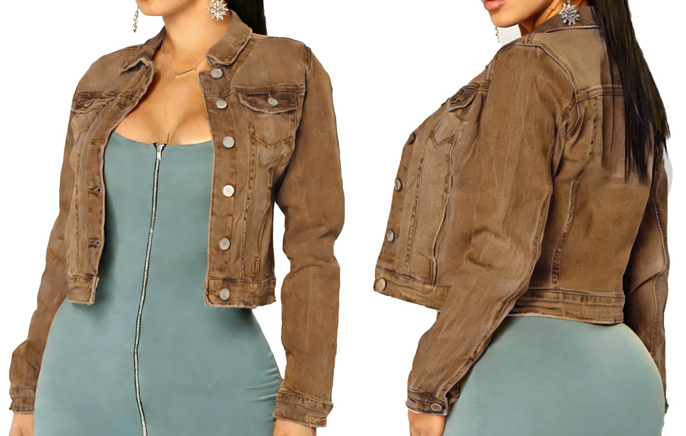 BessCops Women's Jean Jacket Long Sleeve Classic Distressed Fray Hem Tassels Denim Trucker Jackets Brown
