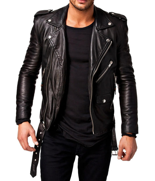 DECIMAL Men's Black REAL Lambskin Leather Biker Jacket VINTAGE GENUINE MOTORCYCLE JACKETS FOR MEN (US, Alpha, Medium, Regular, Regular, D BLACK)