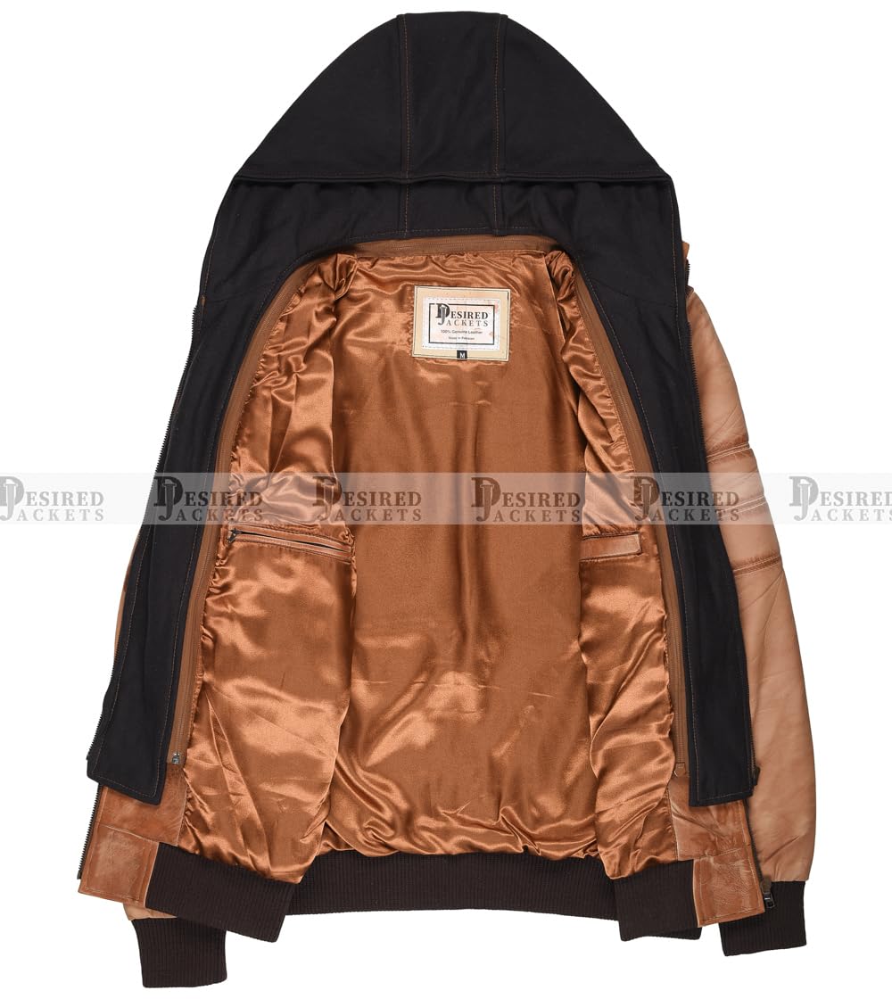 Mens Genuine Black Hooded Bomber Leather Jacket Real Lambskin Waxed Beige Leather Jackets for Men with Removable Hood (US, Alpha, Medium, Regular, Regular, Beige)