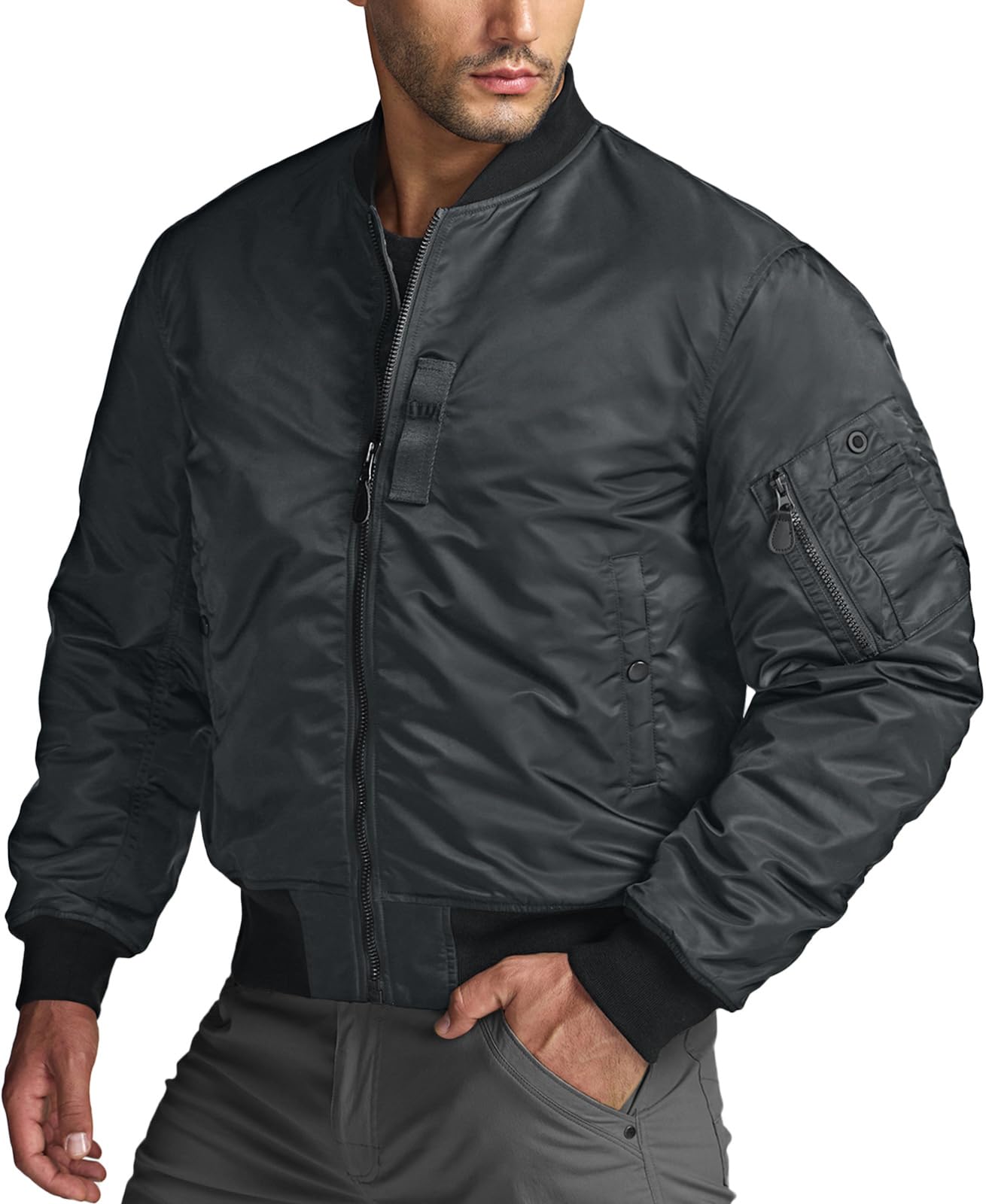 CQR Men's Casual Bomber Jacket, Outdoor Fall/Winter Zip-Up Windbreaker, Water Resistant Padded MA-1 Flight Jacket with Pocket, Watcher Carbon Grey, Medium