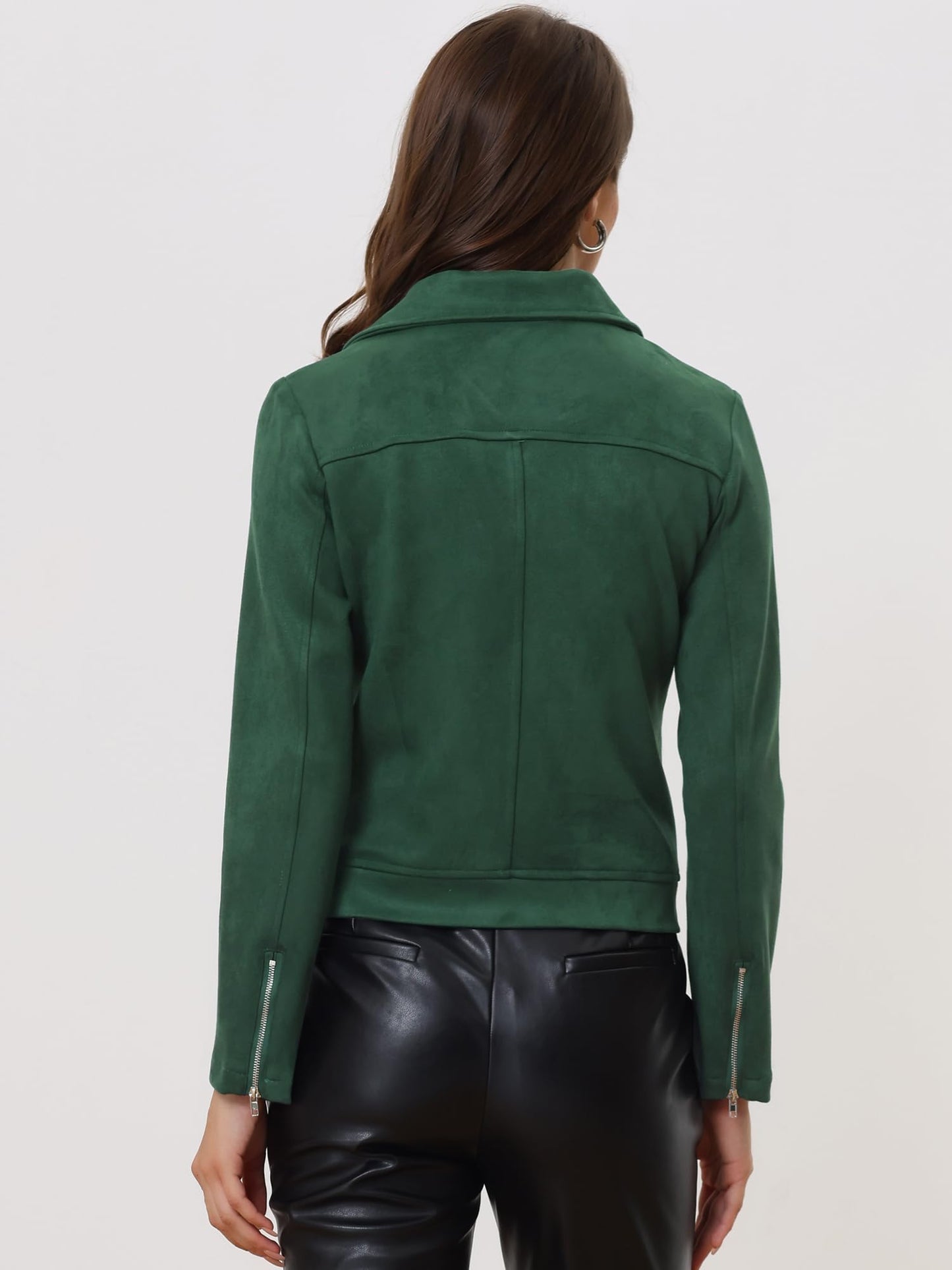 Allegra K Women Short Soft Zip Up Faux Suede Biker Moto Jacket Small Dark Green