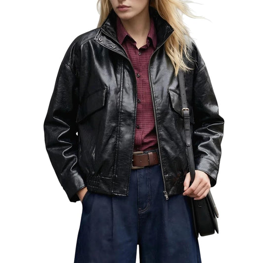 VKXJA Women’s Casual PU Leather Bomber Jacket, Soft Lined Zip-Up Outerwear with Functional Pockets, Trendy Street Style for Fall Winter (US, Alpha, Large, Large, Regular, Regular, Black)