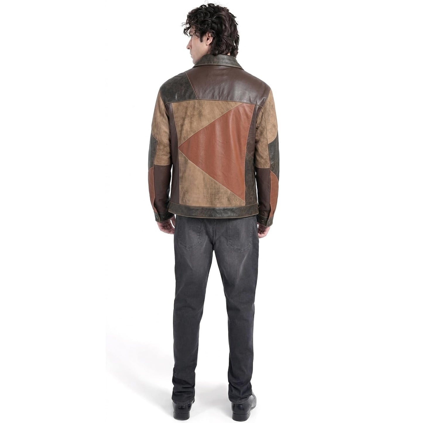 STREGA Men’s Heritage Patchwork Lambskin Leather Jacket – 70s Vintage Rustic Shirt Style, Handmade Multi-Tone Rustic Earth Brown, Button-Front Outerwear (US, Alpha, Large, Regular Fit, Rustic Earth)