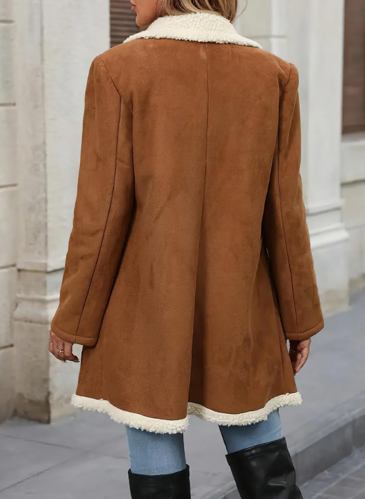 chouyatou Women's Winter Notch Lapel Double Breasted Peacoat Sherpa Fleece Lined Faux Suede Jacket Coat (X-Large,Brown)