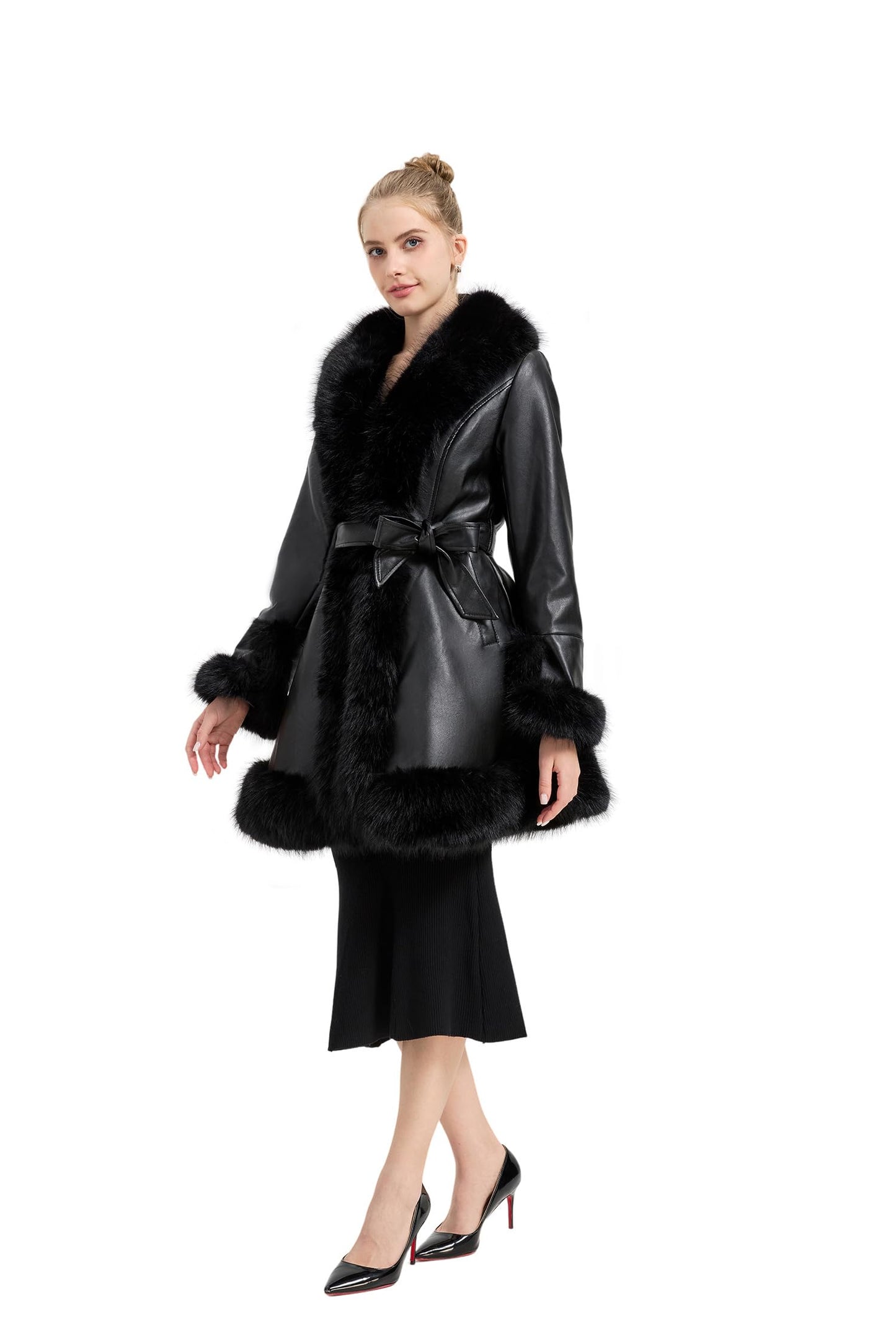 GRAN ORIENTE Women's Faux Leather Long Trench Jacket with Faux Fur Collar, Winter Warm Lined Trim Parka Coat with Belt (GK166 Black M)