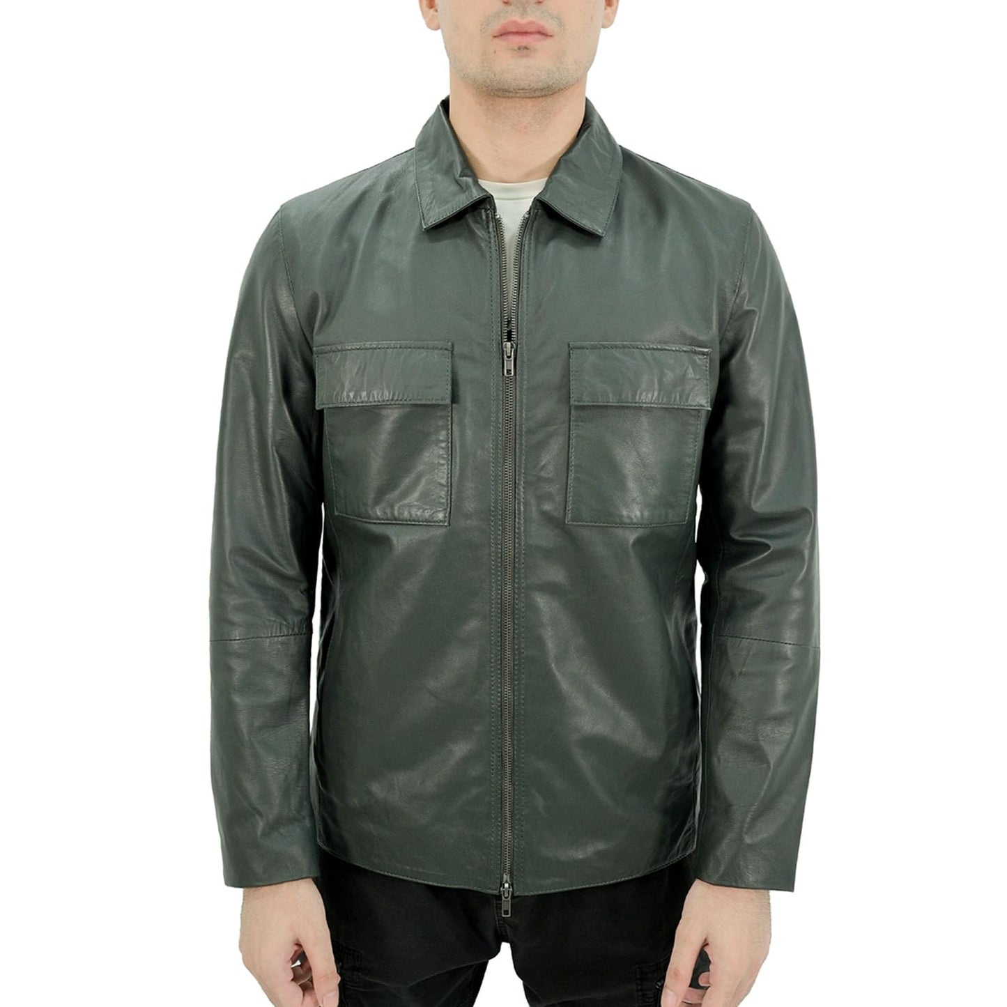 Rauly Trucker Leather Jacket Men Real Lambskin Button Front Shirt Collar Mens Leather Jacket