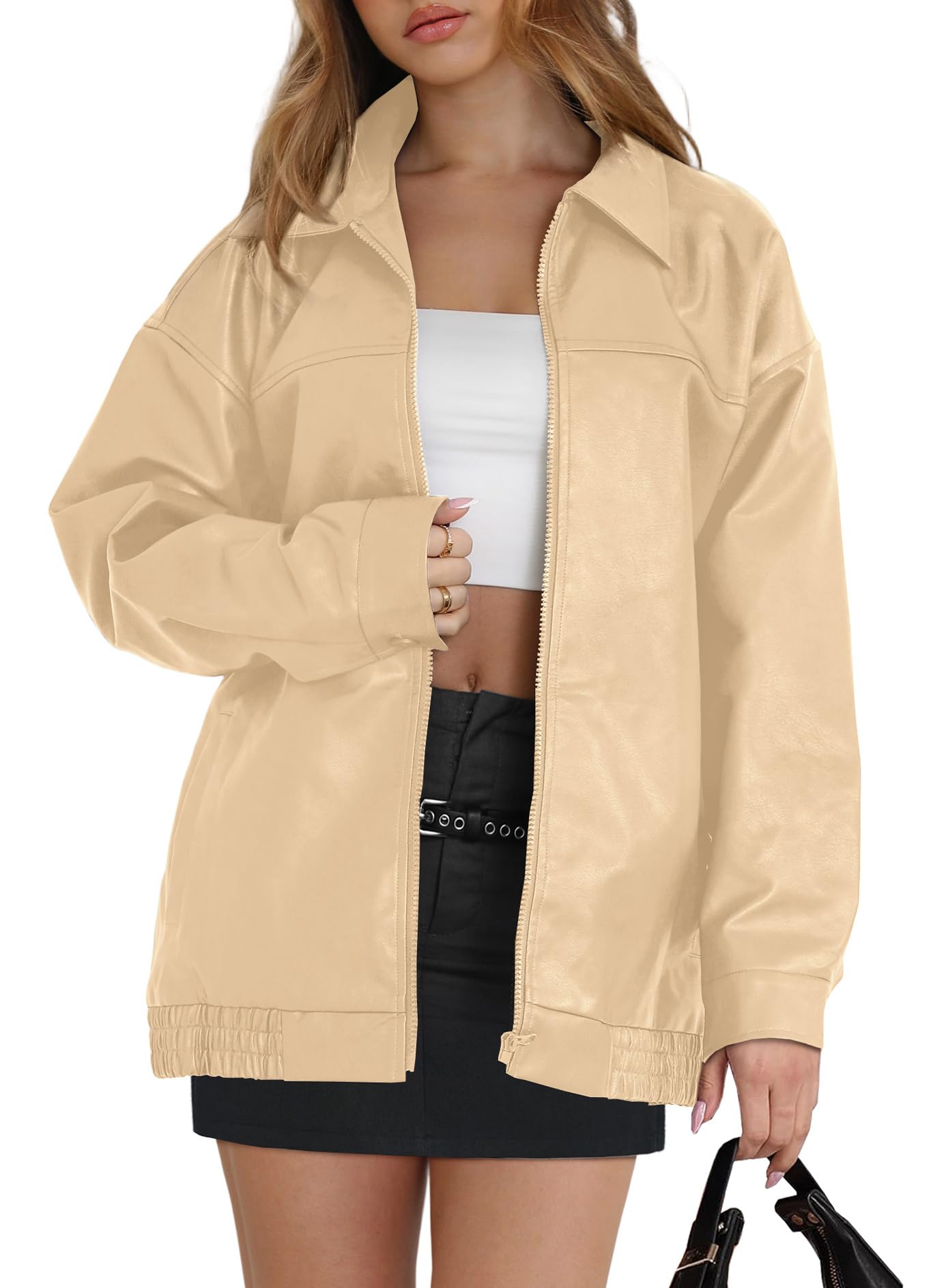 WIHOLL Womens Oversized Leather Jackets Faux Suede Fall Fashion Motorcycle Coats Winter Outfits Clothes Y2k Tops Khaki S