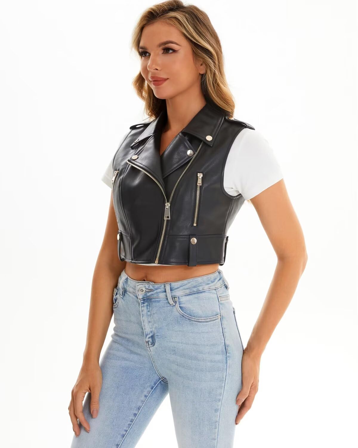 WYOYW Faux Leather Vest For Women Zipper Cropped Short Sleeveless Biker Moto Slim PU Motorcycle Waistcoat 068 Black M