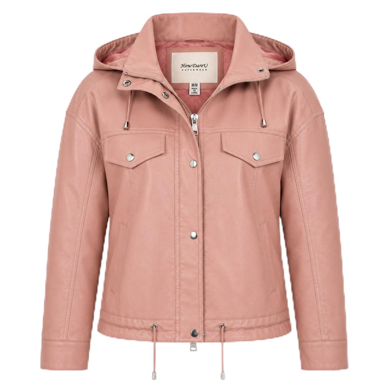 HOW DARE U Women's Faux Leather Jacket, Vegan PU with Removable Hood