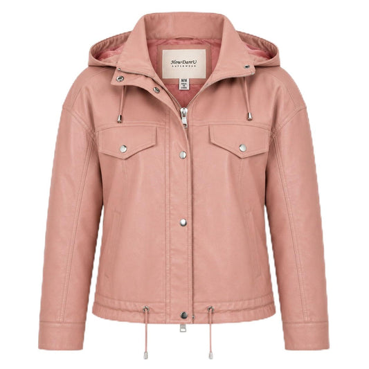 HOW DARE U Women's Faux Leather Jacket, Vegan PU with Removable Hood
