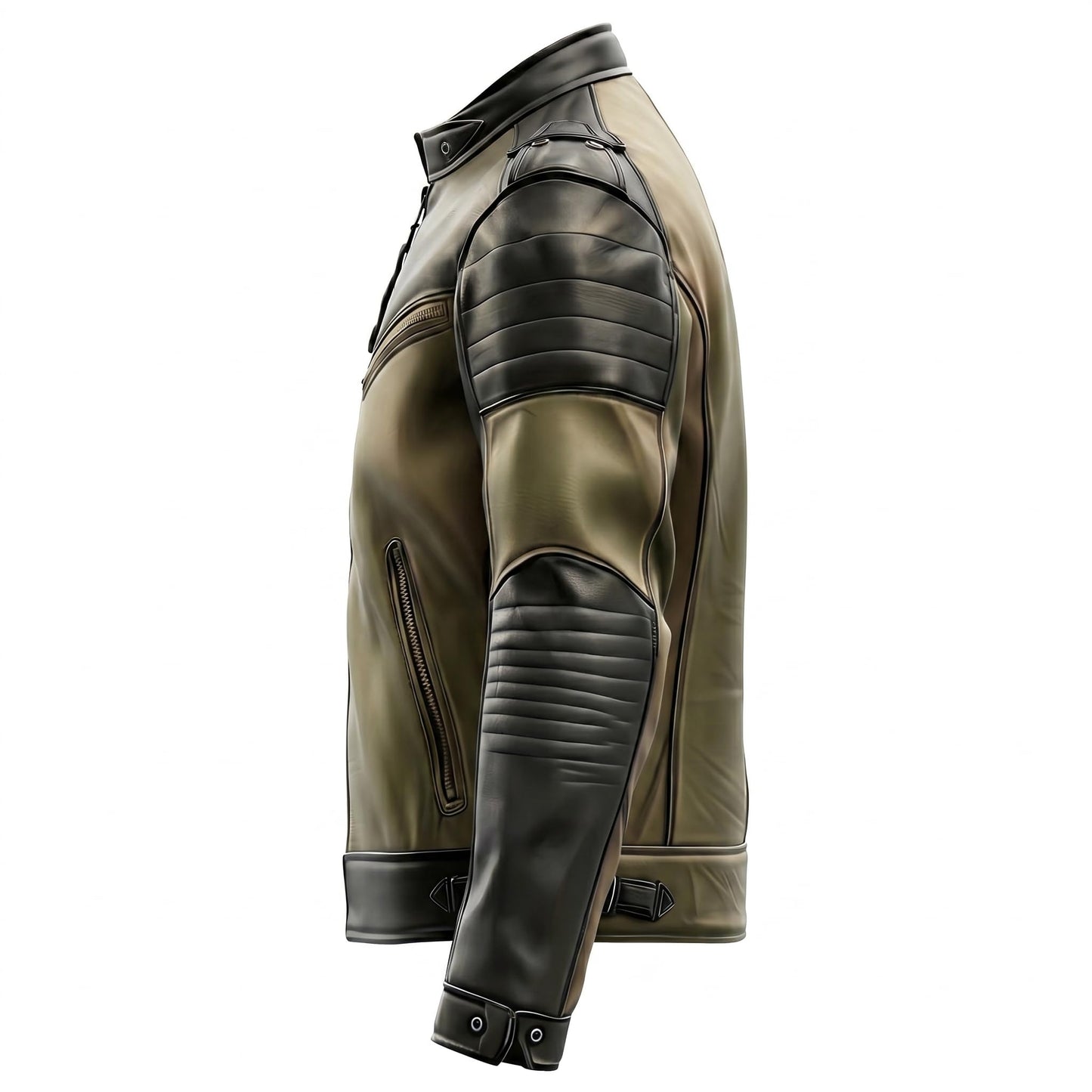 Leather Enchantment Co Men’s Olive Green & Black Sheepskin Biker Jacket – Stand Collar, Multi-Zipper Pockets, Sleek Moto Racing Style (US, Alpha, 3X-Large, Regular, Regular, Olive Green & Black)