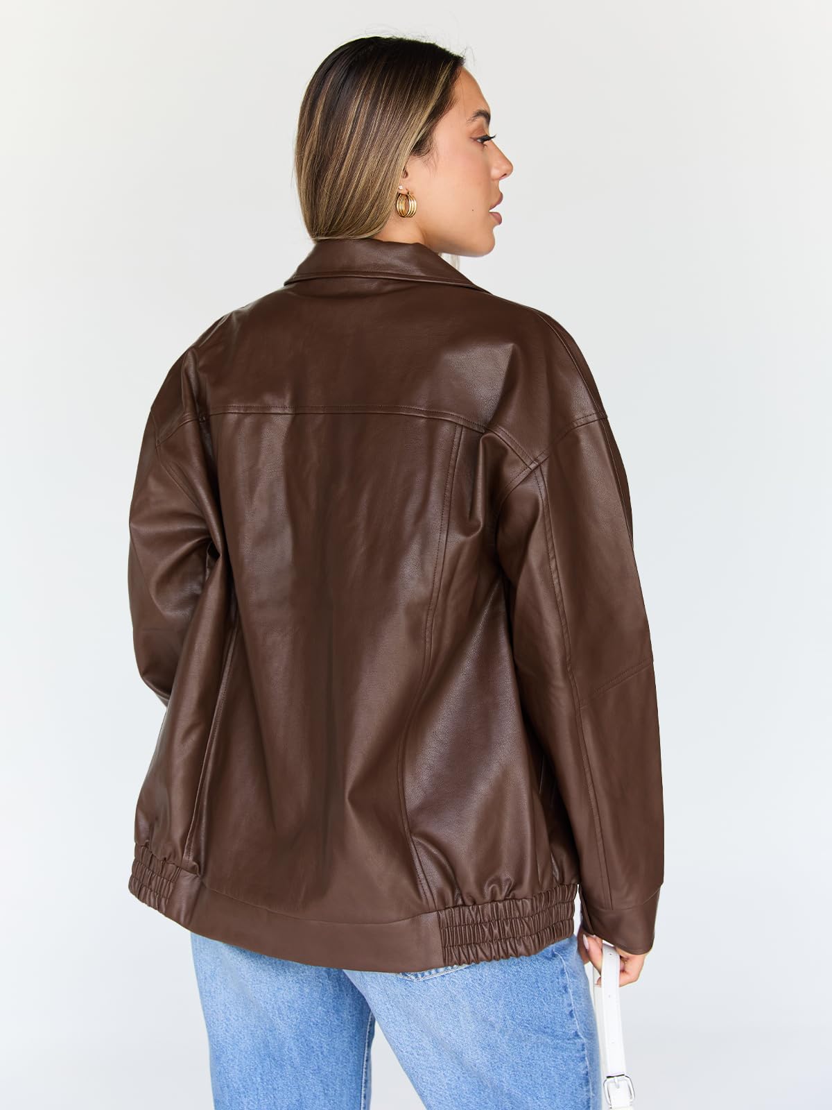 Trendy Queen Womens Leather Jacket, Oversized Spring Going Out & Everyday Statement Piece, Bomber Jackets Fall Moto Coat Brown L