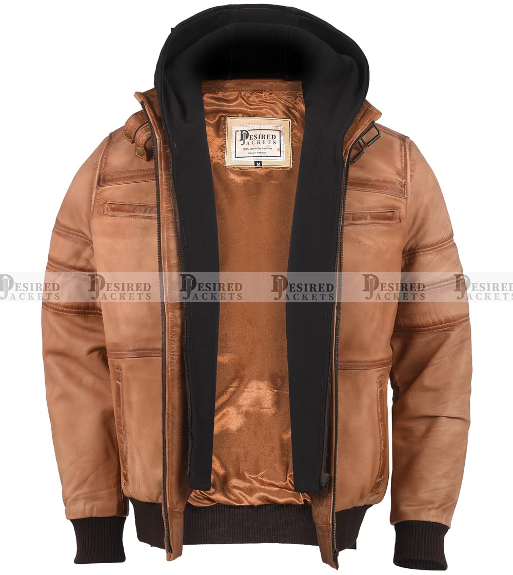 Mens Genuine Black Hooded Bomber Leather Jacket Real Lambskin Waxed Beige Leather Jackets for Men with Removable Hood (US, Alpha, Medium, Regular, Regular, Beige)