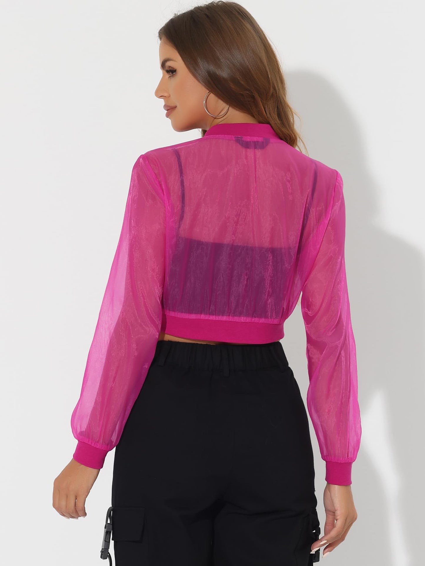 Allegra K Mesh Crop Jacket for Women's Lightweight Sheer Bomber Jacket