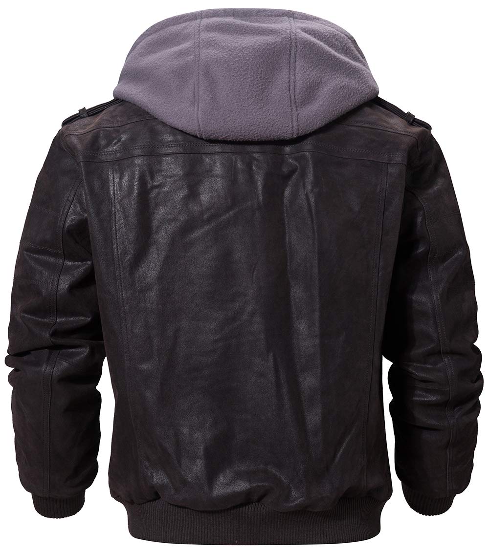 FLAVOR Men Brown Leather Motorcycle Jacket with Removable Hood (Large (US standard), Dark Brown+Gray)