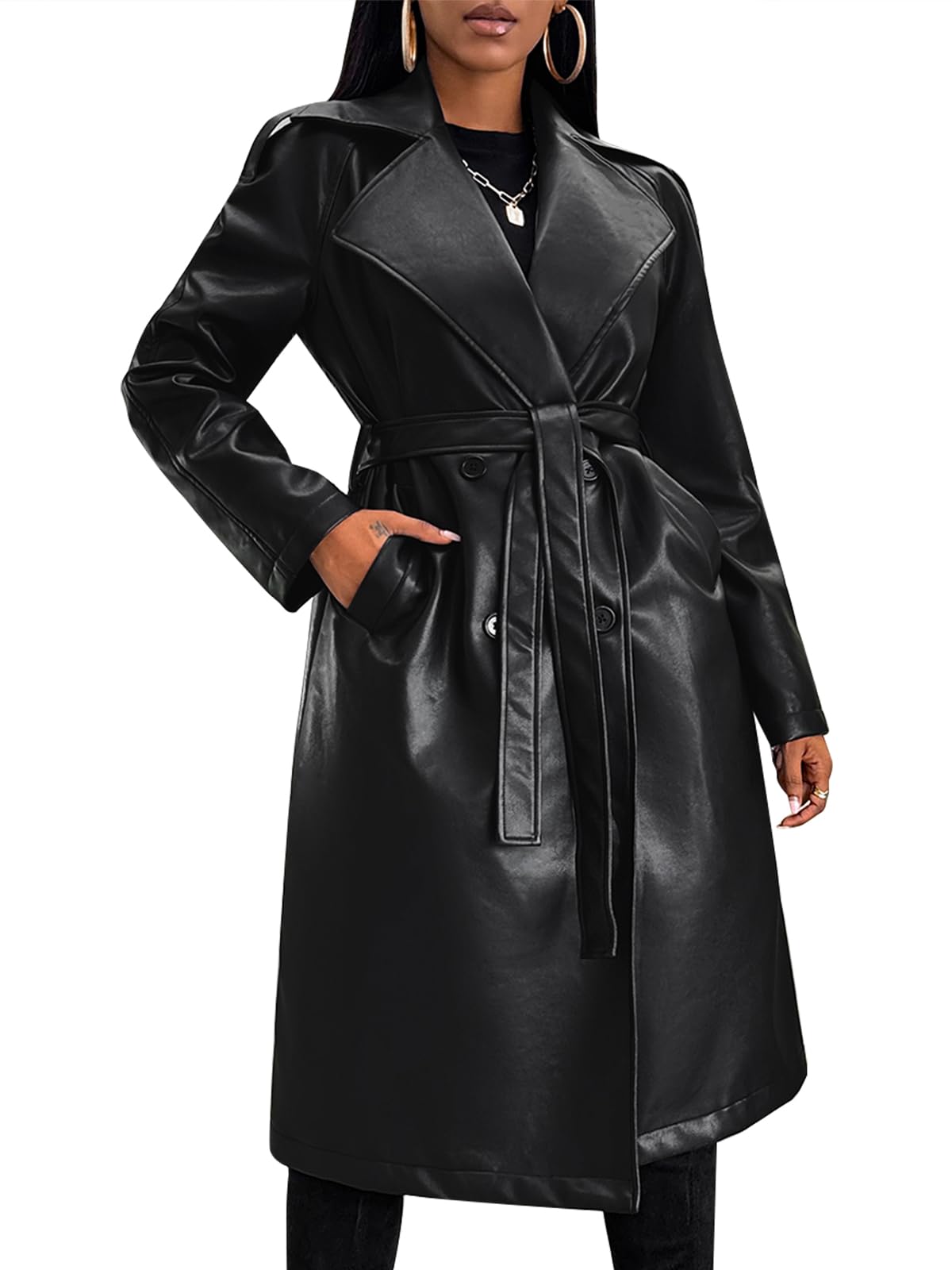Gudasuo Leather Jacket Women Trench Coat Long Loose Button Lined Jacket Open Front Faux Motorcycle Coat with Belt(0024,B,S)
