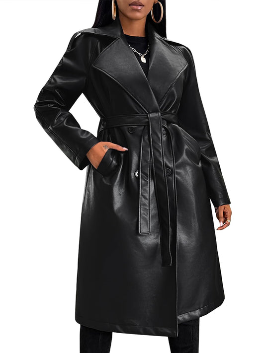 Gudasuo Leather Jacket Women Trench Coat Long Loose Button Lined Jacket Open Front Faux Motorcycle Coat with Belt(0024,B,S)