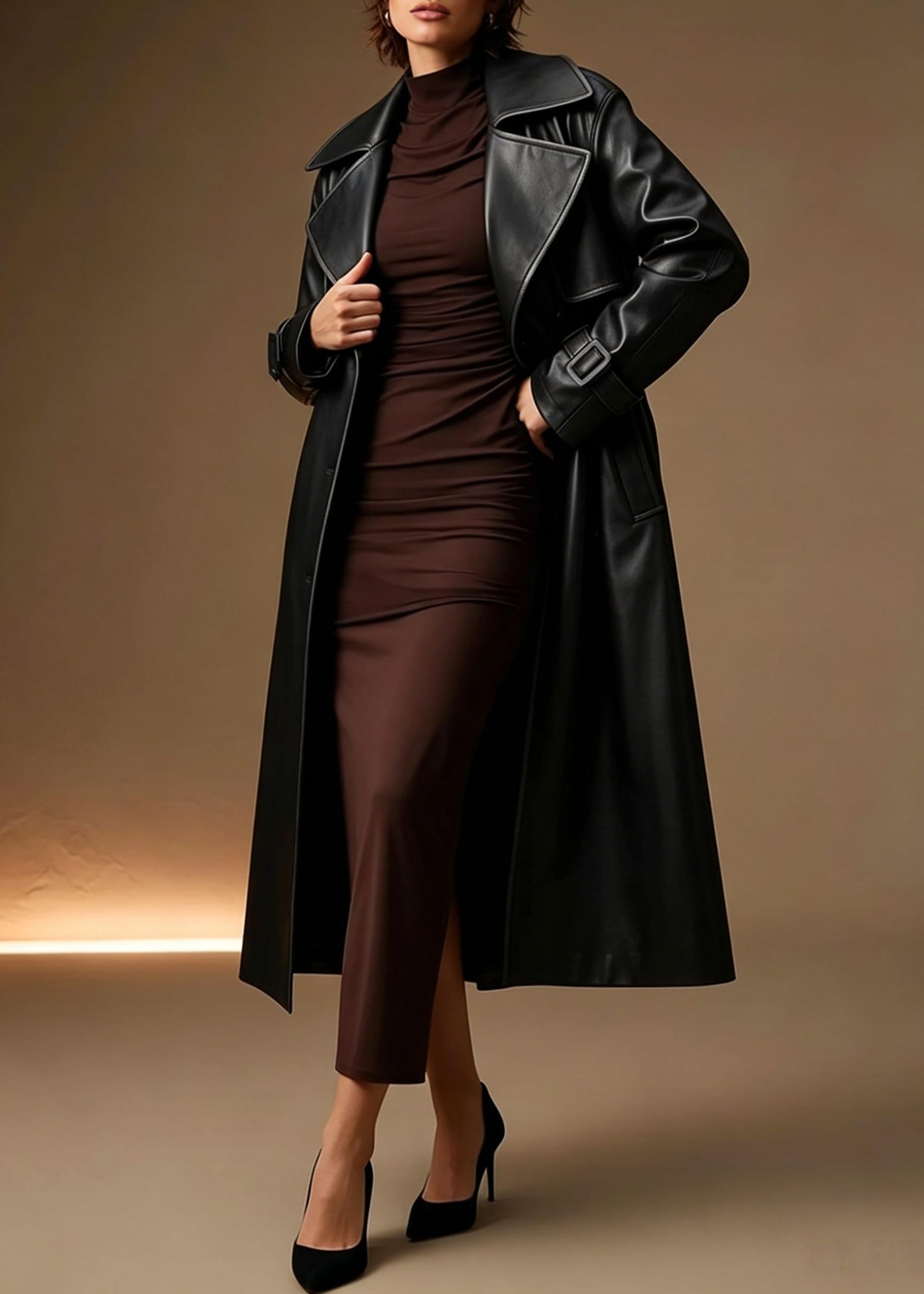 Bellivera Women Trench Coat Long Jacket Faux Leather Classic Lapel Belt Loose Overcoat 2225 Black S