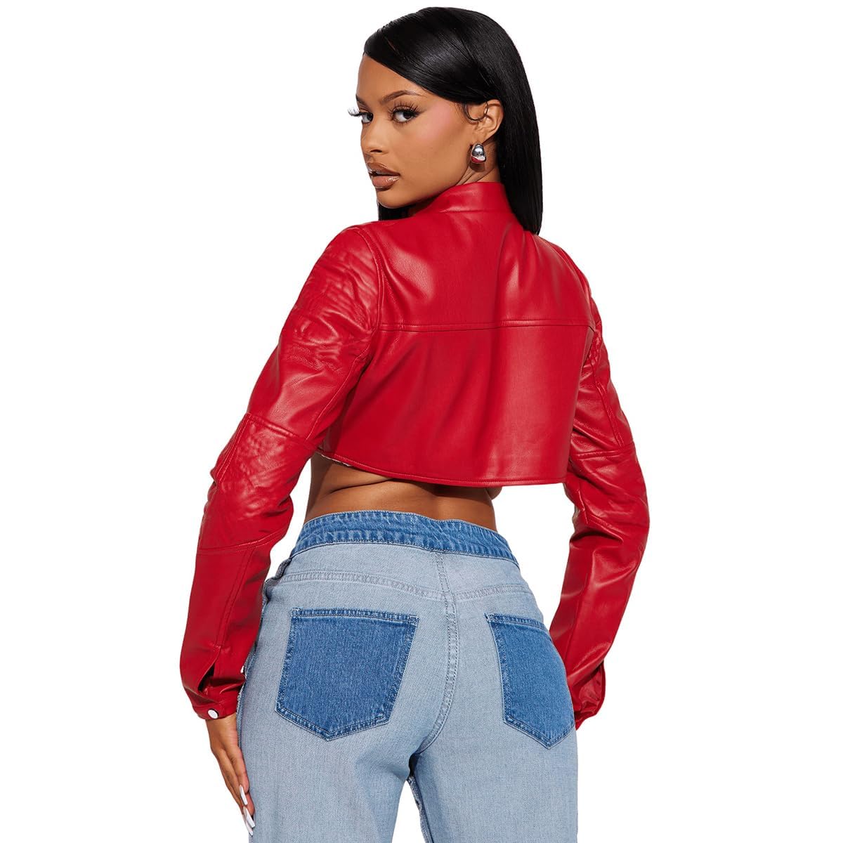Charyeah Women's Fashion Faux Leather Jacket Crop Short Cropped PU Slim Zip Up Moto Biker Coat Motorcycle Jackets Coat (US, Alpha, Medium, Regular, Regular, Red)