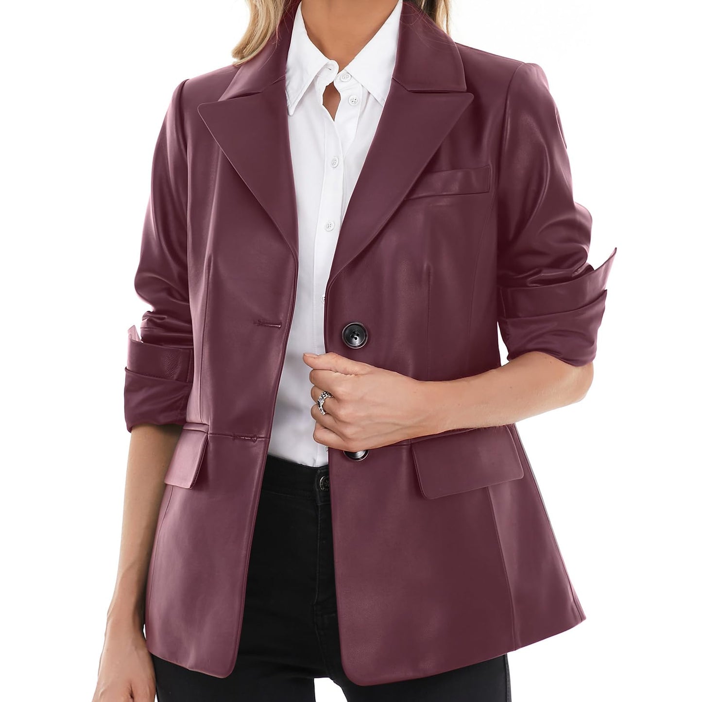 SILVER FASHIONS Lambskin Leather Jacket Women,Long Sleeve Button Front Leather Blazer,Notched Lapel Casual Style,Vent Detail (Large,Burgundy)