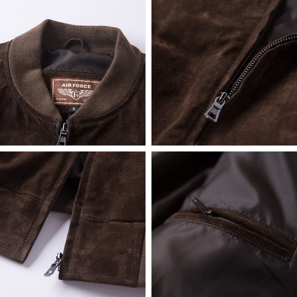 FLAVOR Men's Leather Baseball Jacket Vintage Suede Pigskin. (Large, Dark Brown)