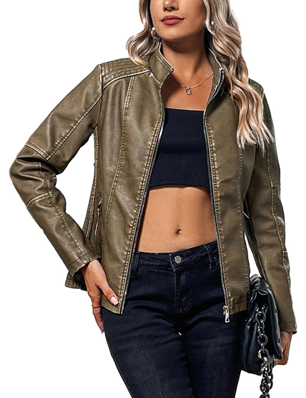 Bellivera Faux Leather Women Motorcycle Stand Collar Jacket D.Khaki XL