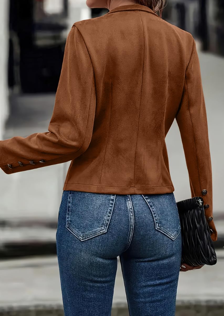 chouyatou Women's Faux Suede Leather Jacket 2025 Fall Winter Clothes Casual Business Long Sleeve Blazer Jacket Coat (Small, Brown)