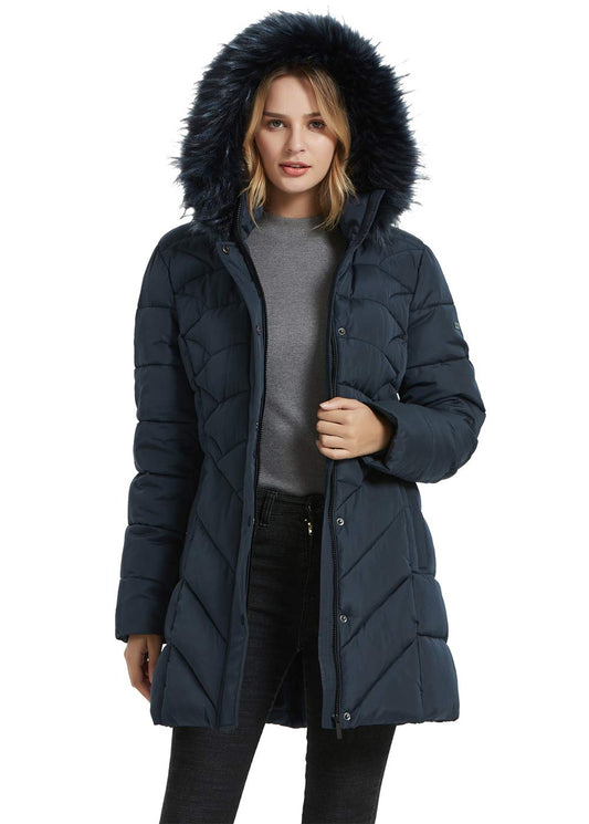 BINACL Women's Snow Winter Hooded Coat with Fur Hood, Beloved Long Sleeve Down Alternative Cotton Hunting Expedition Thickened Workout Traniing 100% polyester Single Button Military Jacket(Navy,S)