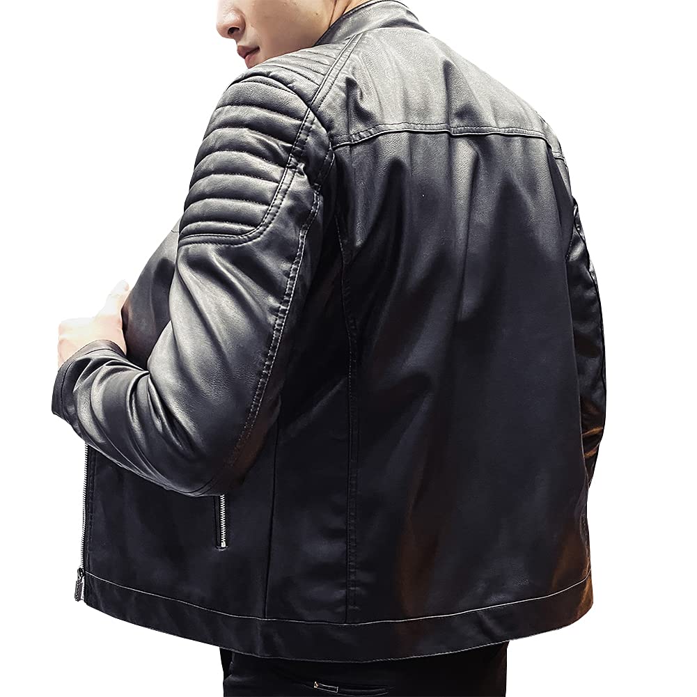 Womleys Mens Casual Stand Collar Slim Fit Faux Leather Jacket Biker Motorcycle Jacket (X-Black, Large)