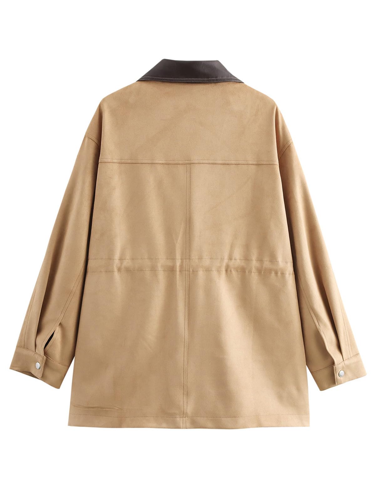 CUFEZN Women's Barn Jacket Faux Suede Leather Collar Utility Jackets Oversized Casual Adjustable Waist Coat with Pockets Khaki Medium