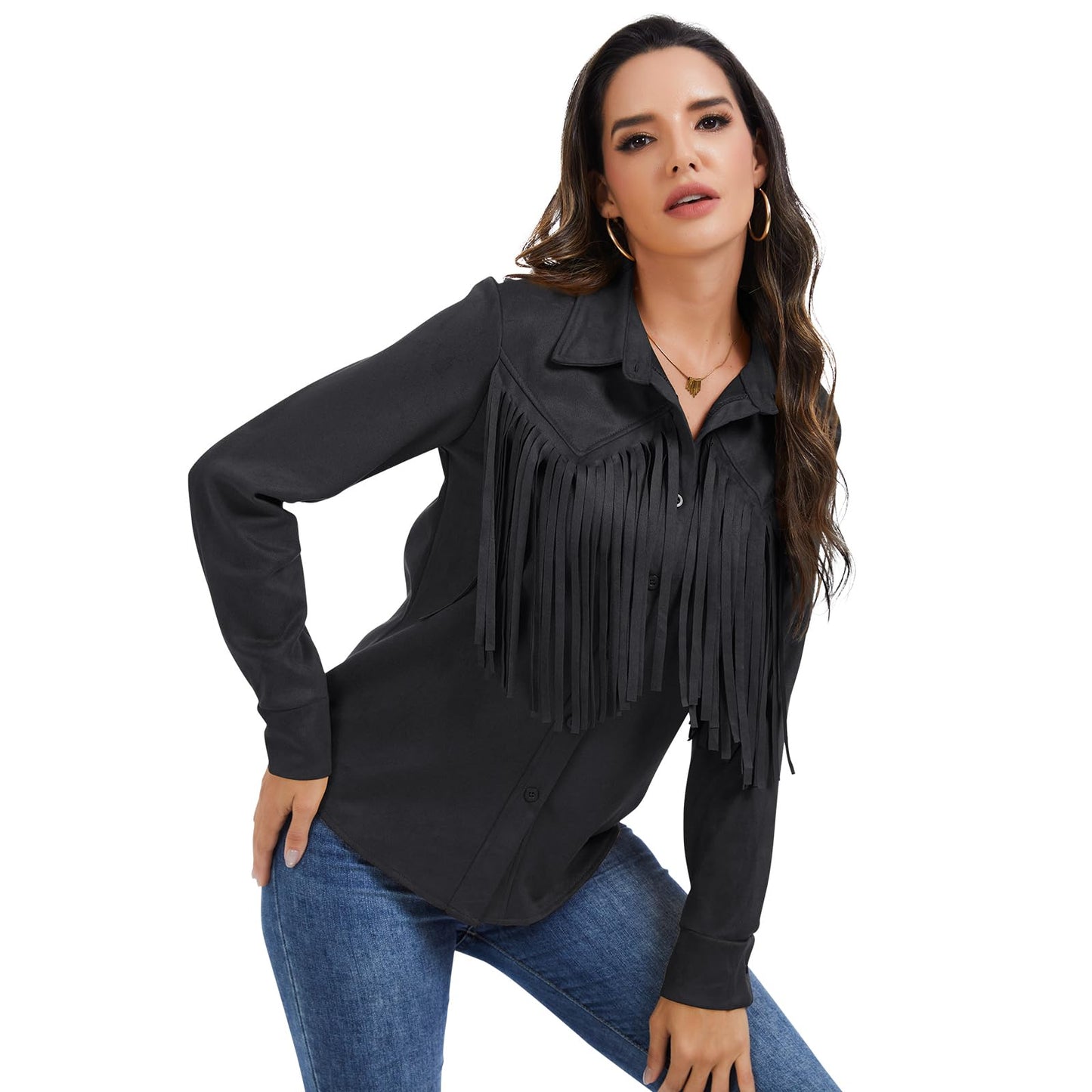 Women's Fringe Shirt, Long-Sleeve Button-up top, Women's Western Cowboy Faux Suede Leather Shirt Jacket (US, Alpha, 3X-Large, Regular, Regular, Black)
