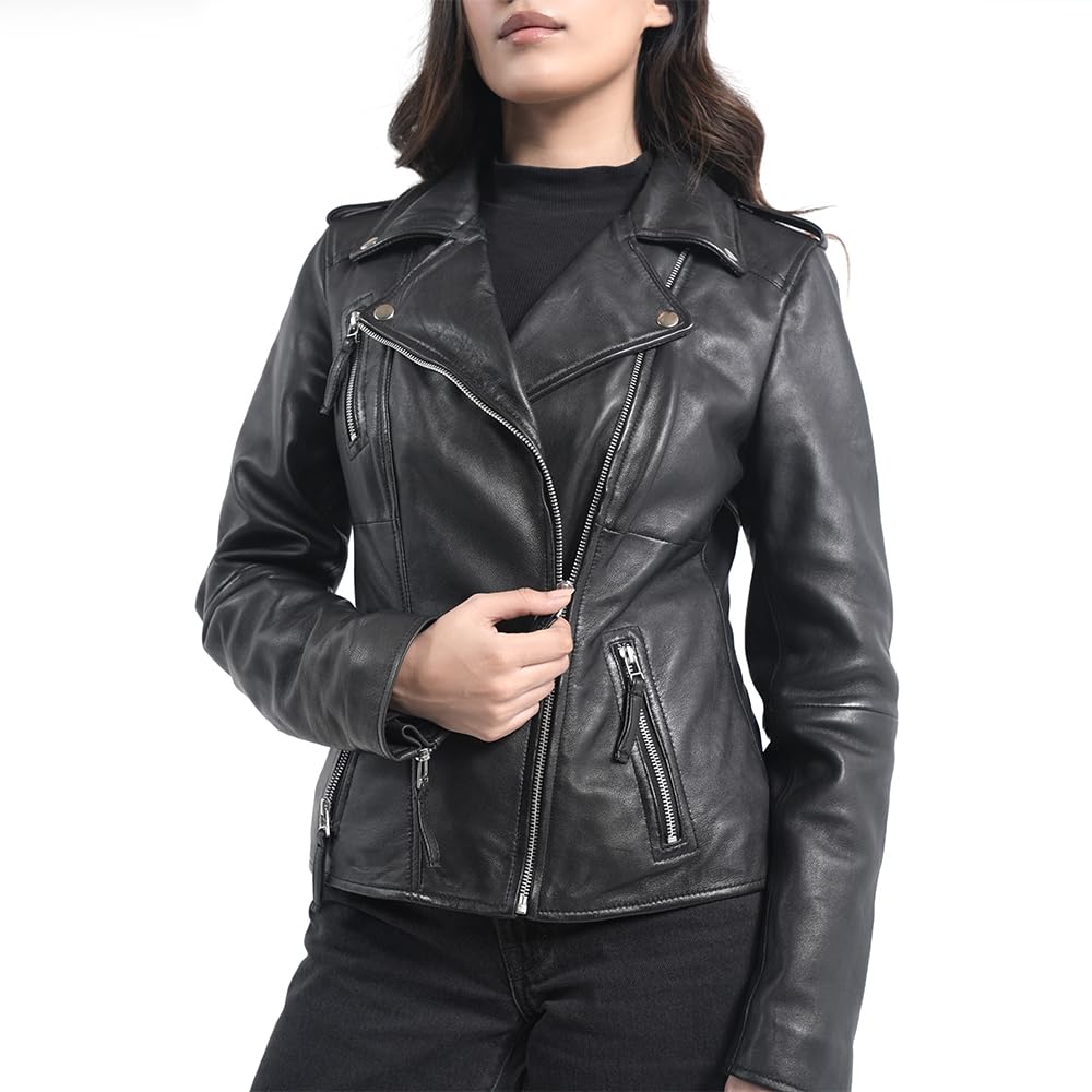 STREGA Women's Lambskin Leather Motorcycle Jacket - Real Leather Biker Jacket Women with Leather Pullers for Timeless Everyday Style | Black – Large