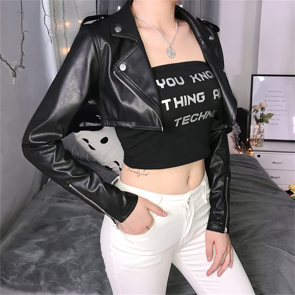 Sup-Coente Punk Leather Blazer Crop Top Jackets For Women Goth Short Half Jacket Gothic Fashion Cropped Pleather Moto Biker Jacket
