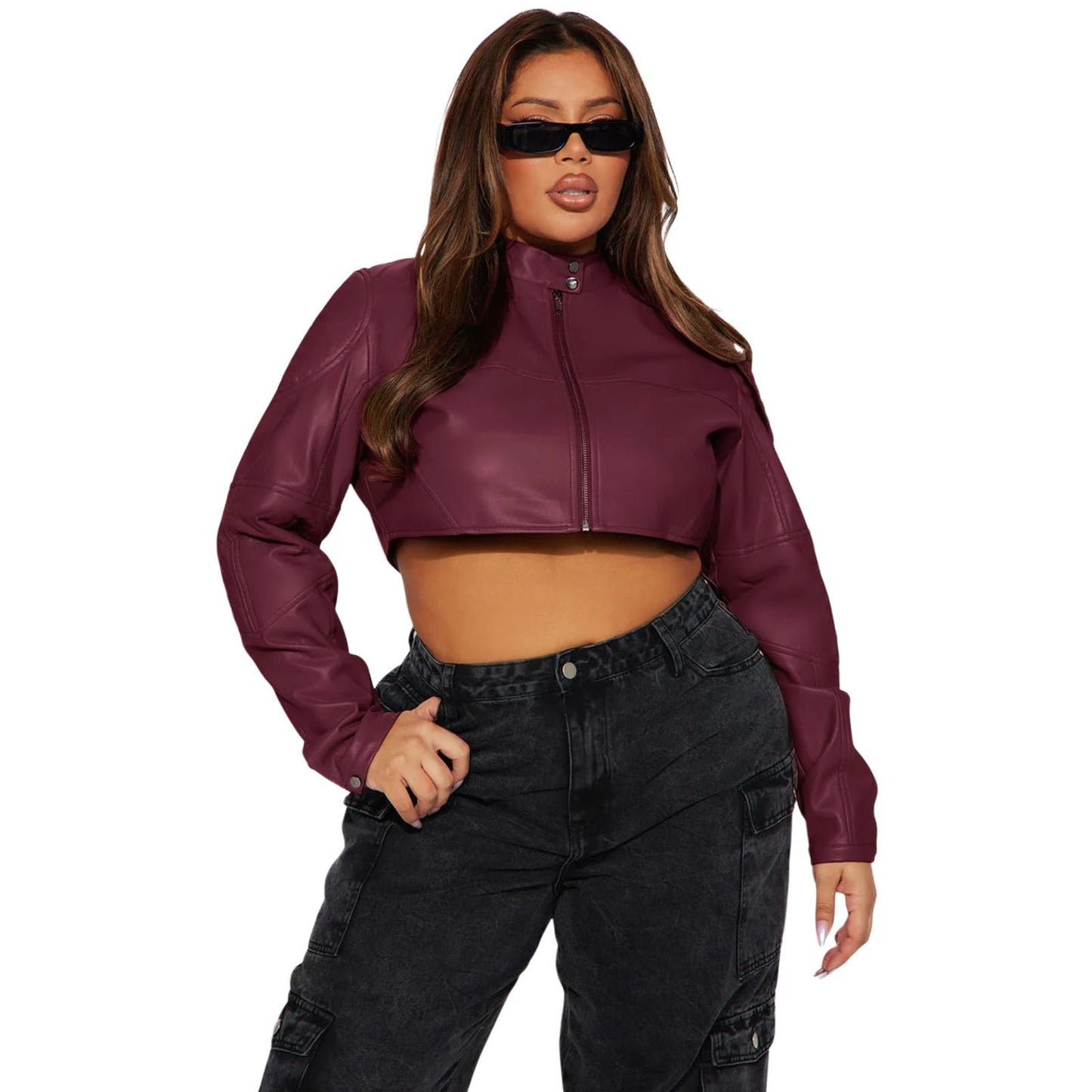 Charyeah Women's Faux Leather Jacket Cropped Leather Jacket Women Bomber Motorcycle Jacket y2k Jacket (US, Alpha, X-Large, Regular, Regular, Purple)