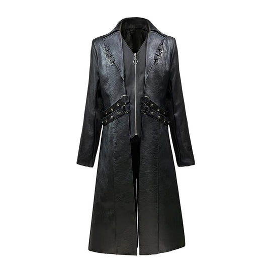 TZMAPU Men's Faux Leather Motorcycle Trench Coat Black Long Punk Jacket (Black，Medium)