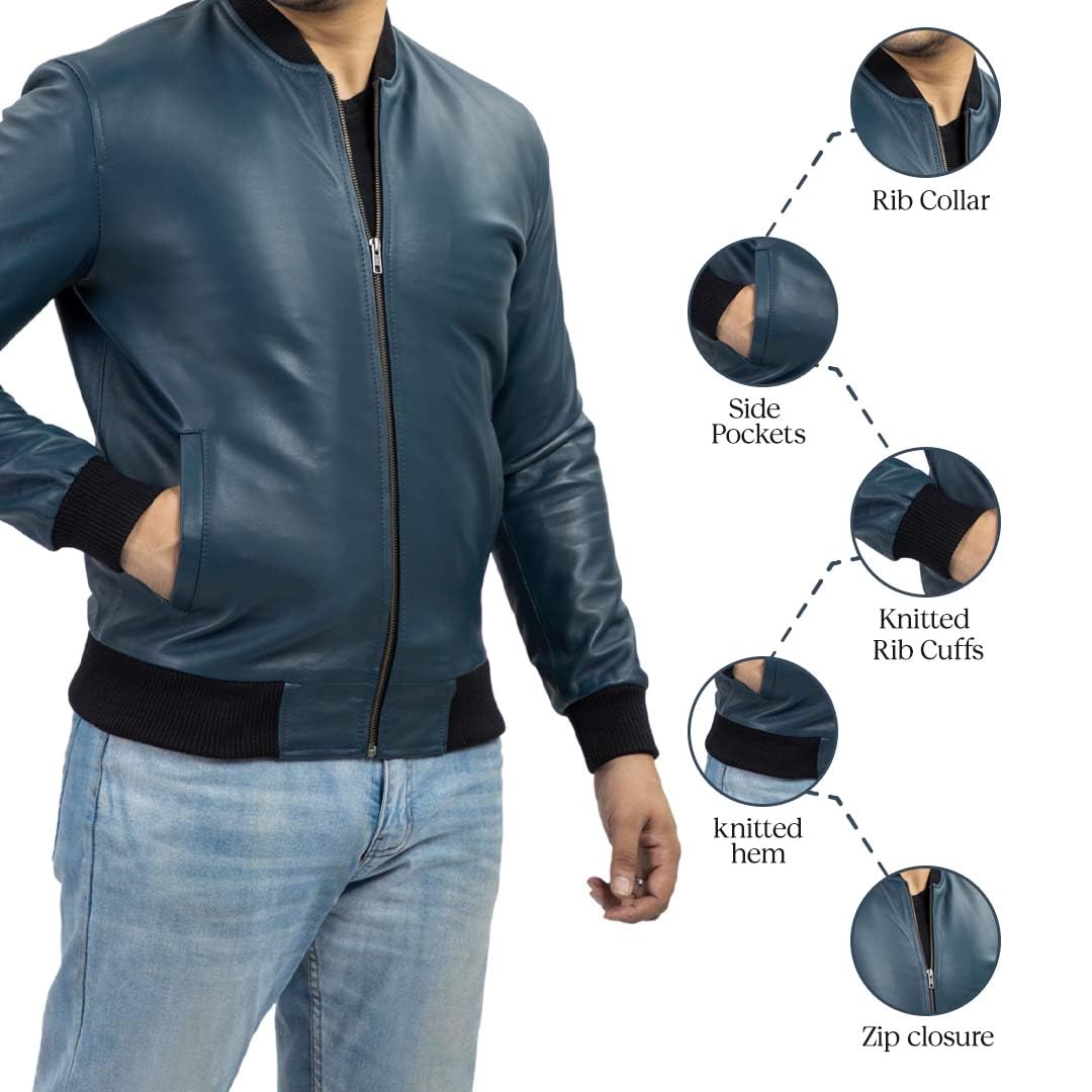 Jild Varsity Style Leather Bomber Jacket Men - Genuine Lambskin Men's Casual Fashion Classic MA-1 Leather Jacket (Rib-Blue-M)