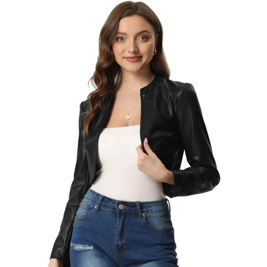 Allegra K Jacket for Women's Open Front Long Sleeve PU Cropped Jacket Coat Medium Black